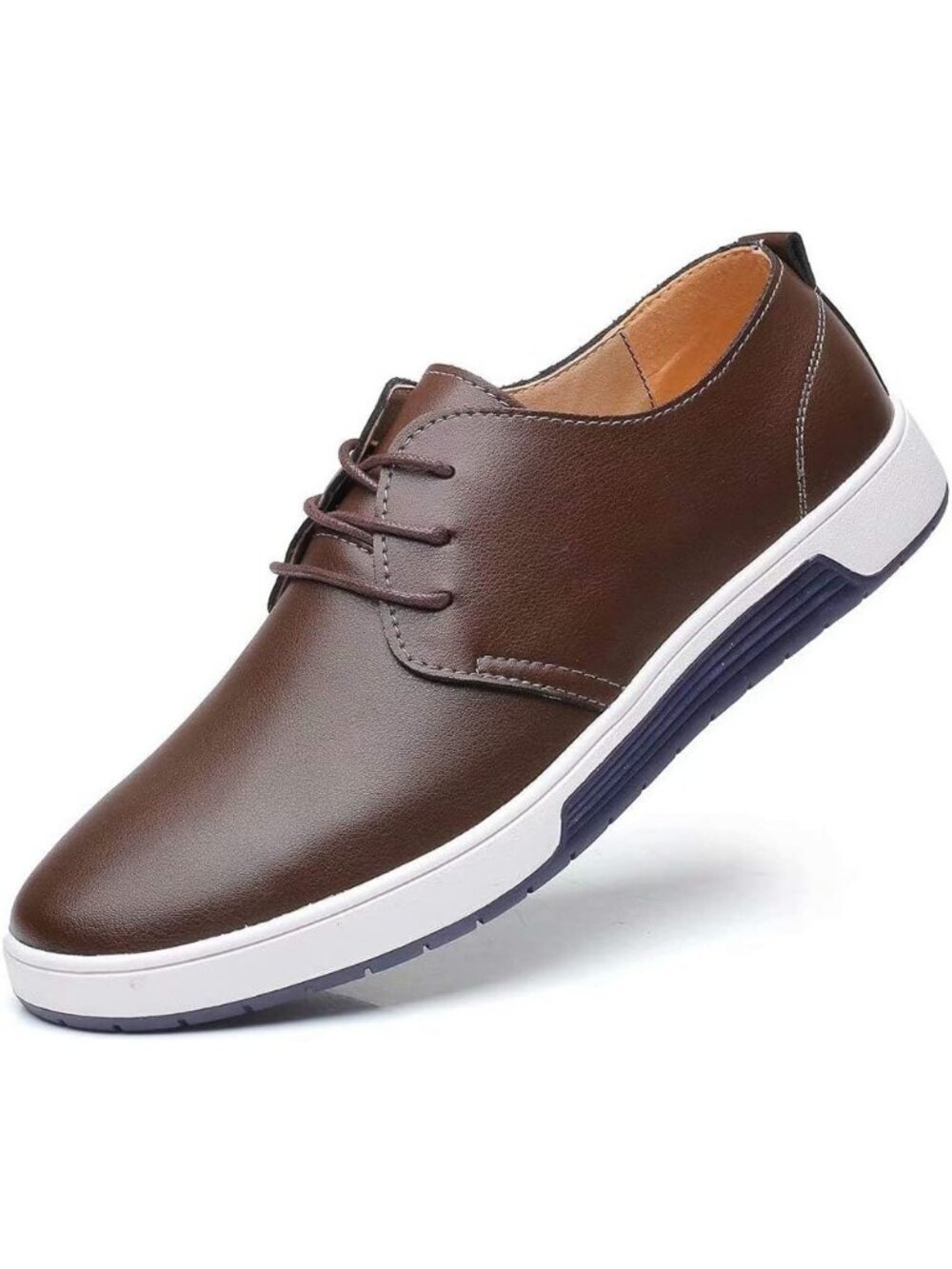 konhill Men's Pt Coffee PU Leather Lightweight Breathable Lace Up Flat Sneakers